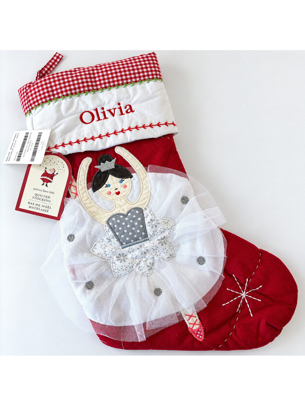 Pottery Barn Kids Olivia Ballerina Ballet Quilted Christmas Stocking 21" NWT Red